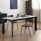 Modern Minimalist Rectangular Travertine Stone Rock Slab & Solid Bench Wood Iron Dining Table For 4-6 Seats Lumendat