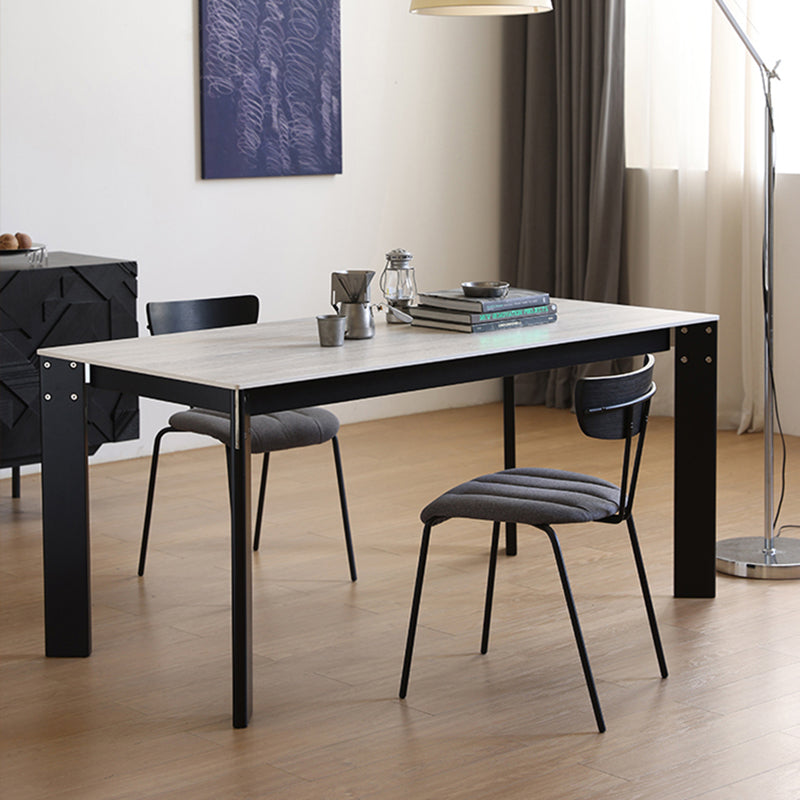 Modern Minimalist Rectangular Travertine Stone Rock Slab & Solid Bench Wood Iron Dining Table For 4-6 Seats Lumendat