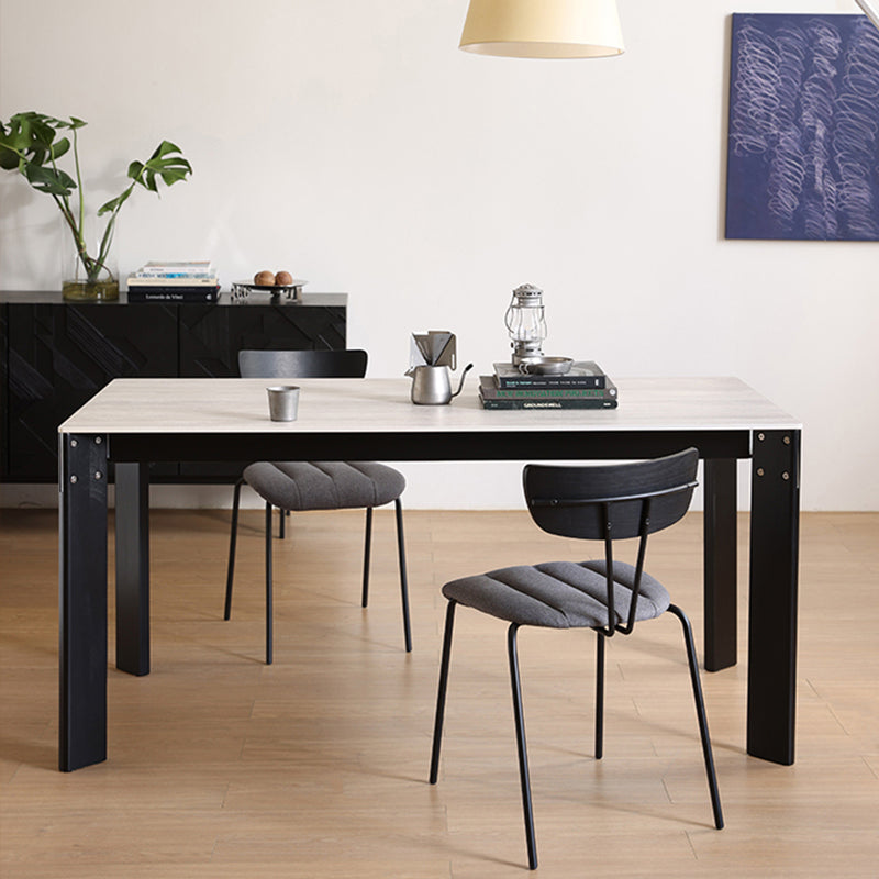 Modern Minimalist Rectangular Travertine Stone Rock Slab & Solid Bench Wood Iron Dining Table For 4-6 Seats Lumendat