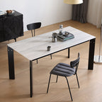 Modern Minimalist Rectangular Travertine Stone Rock Slab & Solid Bench Wood Iron Dining Table For 4-6 Seats Lumendat