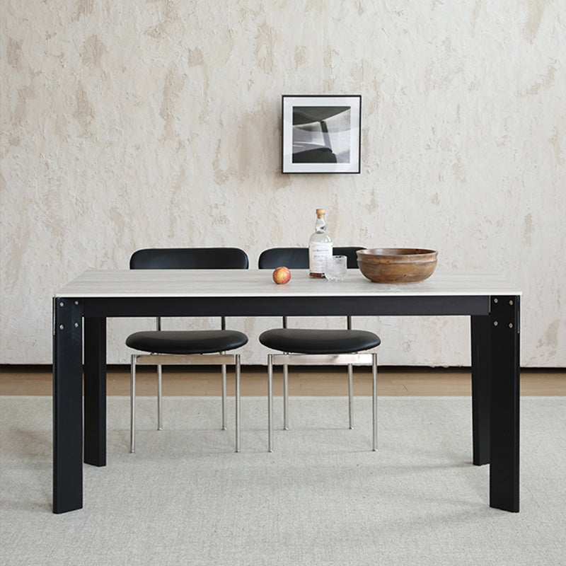 Modern Minimalist Rectangular Travertine Stone Rock Slab & Solid Bench Wood Iron Dining Table For 4-6 Seats Lumendat