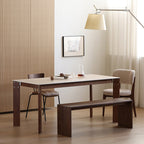 Modern Minimalist Rectangular Travertine Stone Rock Slab & Solid Bench Wood Iron Dining Table For 4-6 Seats Lumendat
