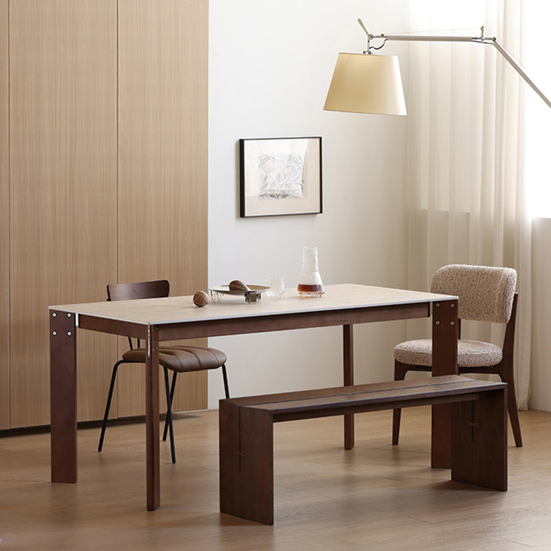Modern Minimalist Rectangular Travertine Stone Rock Slab & Solid Bench Wood Iron Dining Table For 4-6 Seats Lumendat