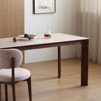 Modern Minimalist Rectangular Travertine Stone Rock Slab & Solid Bench Wood Iron Dining Table For 4-6 Seats Lumendat