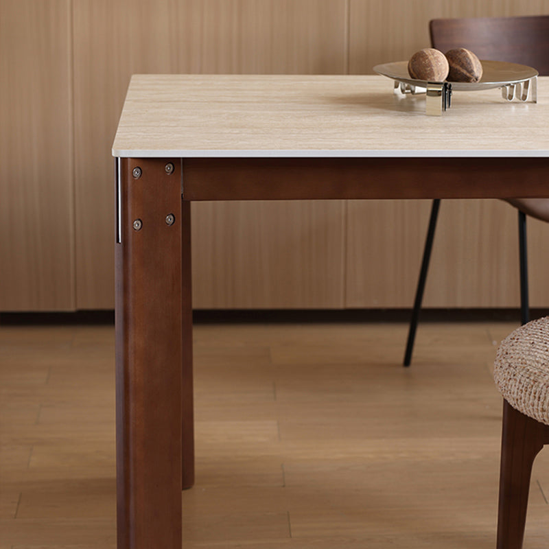 Modern Minimalist Rectangular Travertine Stone Rock Slab & Solid Bench Wood Iron Dining Table For 4-6 Seats Lumendat