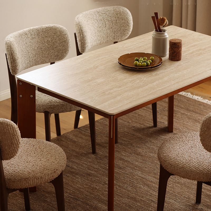 Modern Minimalist Rectangular Travertine Stone Rock Slab & Solid Bench Wood Iron Dining Table For 4-6 Seats Lumendat