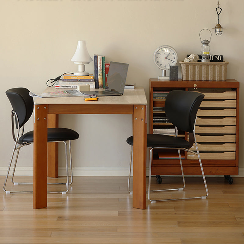Modern Minimalist Rectangular Travertine Stone Rock Slab & Solid Bench Wood Iron Dining Table For 4-6 Seats Lumendat