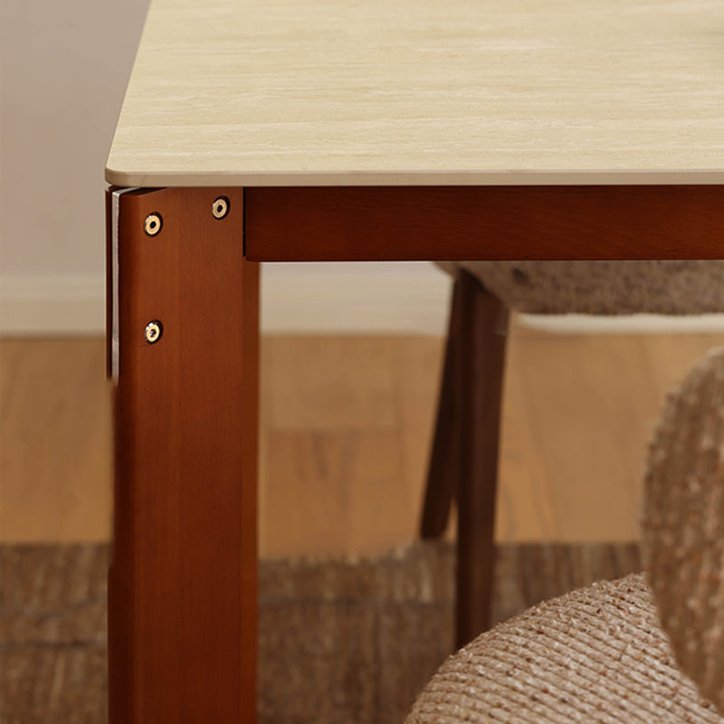 Modern Minimalist Rectangular Travertine Stone Rock Slab & Solid Bench Wood Iron Dining Table For 4-6 Seats Lumendat