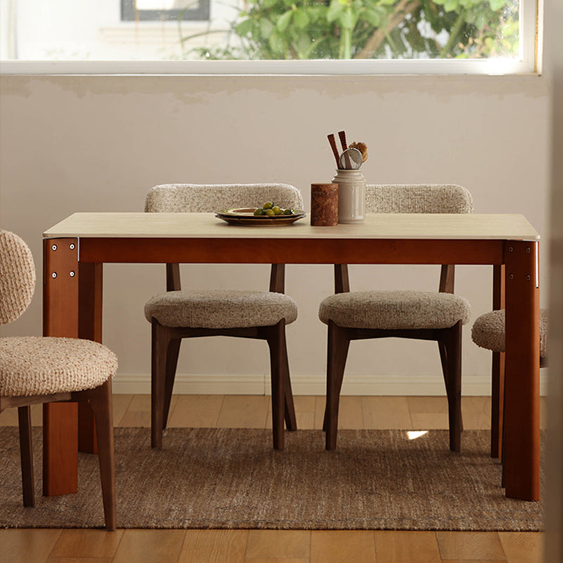 Modern Minimalist Rectangular Travertine Stone Rock Slab & Solid Bench Wood Iron Dining Table For 4-6 Seats Lumendat