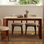 Modern Minimalist Rectangular Travertine Stone Rock Slab & Solid Bench Wood Iron Dining Table For 4-6 Seats Lumendat