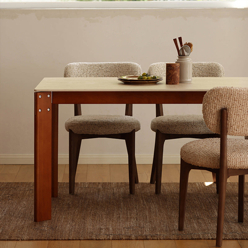 Modern Minimalist Rectangular Travertine Stone Rock Slab & Solid Bench Wood Iron Dining Table For 4-6 Seats Lumendat