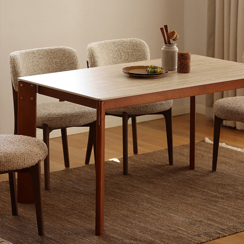 Modern Minimalist Rectangular Travertine Stone Rock Slab & Solid Bench Wood Iron Dining Table For 4-6 Seats Lumendat