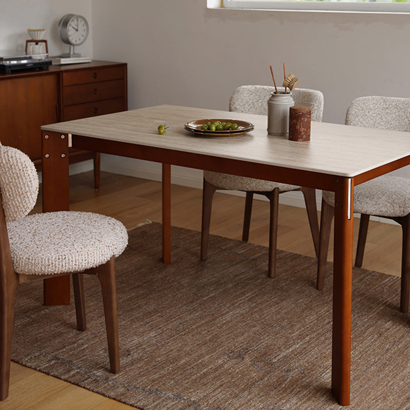 Modern Minimalist Rectangular Travertine Stone Rock Slab & Solid Bench Wood Iron Dining Table For 4-6 Seats Lumendat