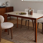 Modern Minimalist Rectangular Travertine Stone Rock Slab & Solid Bench Wood Iron Dining Table For 4-6 Seats Lumendat