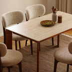 Modern Minimalist Rectangular Travertine Stone Rock Slab & Solid Bench Wood Iron Dining Table For 4-6 Seats Lumendat