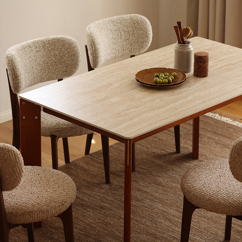 Modern Minimalist Rectangular Travertine Stone Rock Slab & Solid Bench Wood Iron Dining Table For 4-6 Seats Lumendat