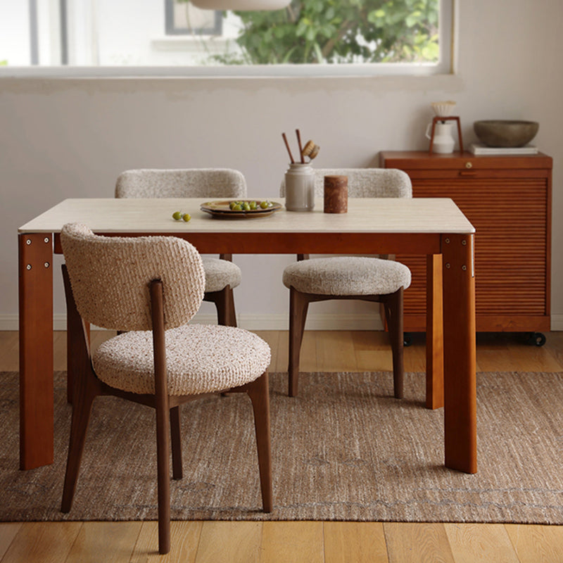 Modern Minimalist Rectangular Travertine Stone Rock Slab & Solid Bench Wood Iron Dining Table For 4-6 Seats Lumendat