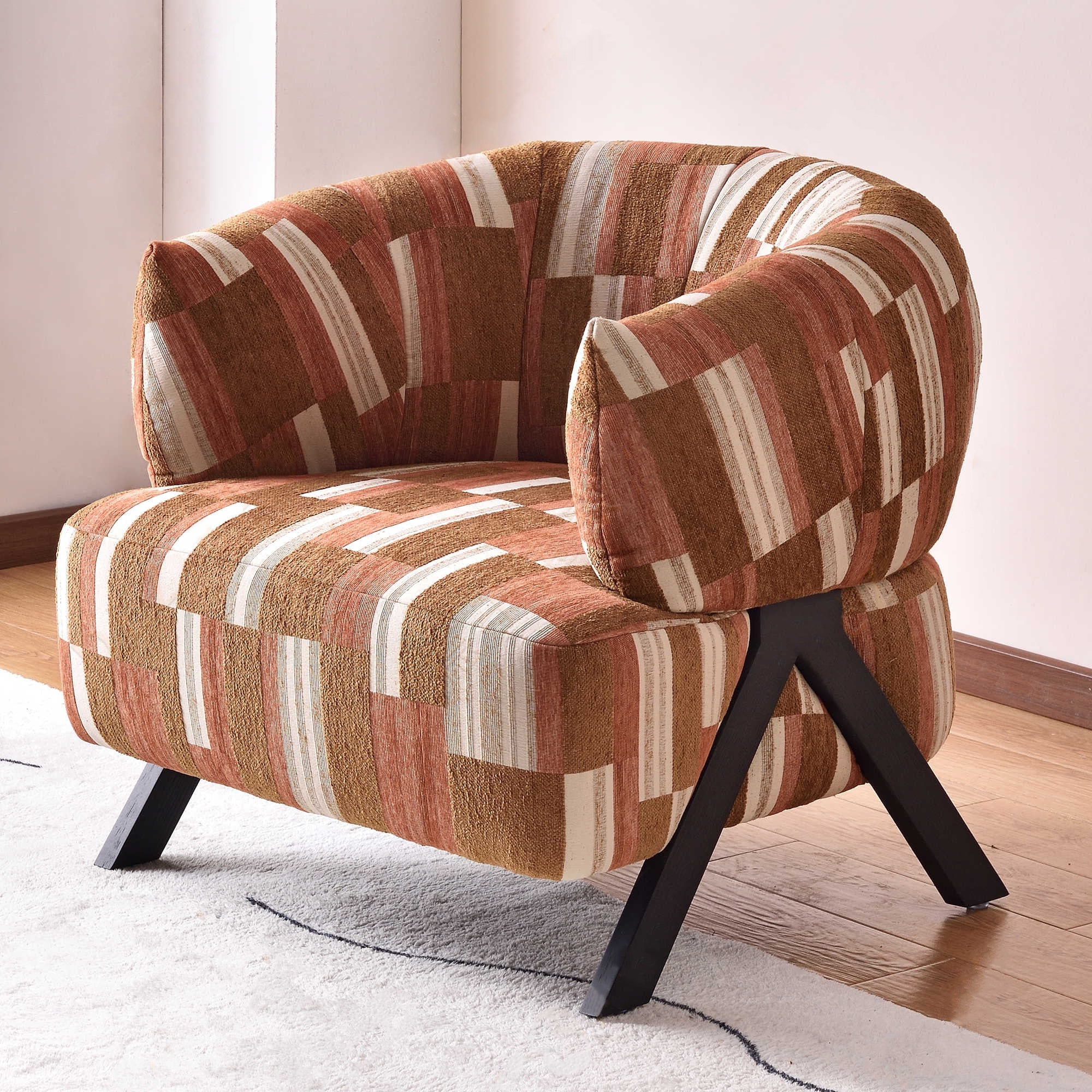 Contemporary Boho Ergonomic Leisure Chair - Comfortable 1-Seater Chenille Cotton-Linen Fabric Accent Chair For Living Room Lumendat