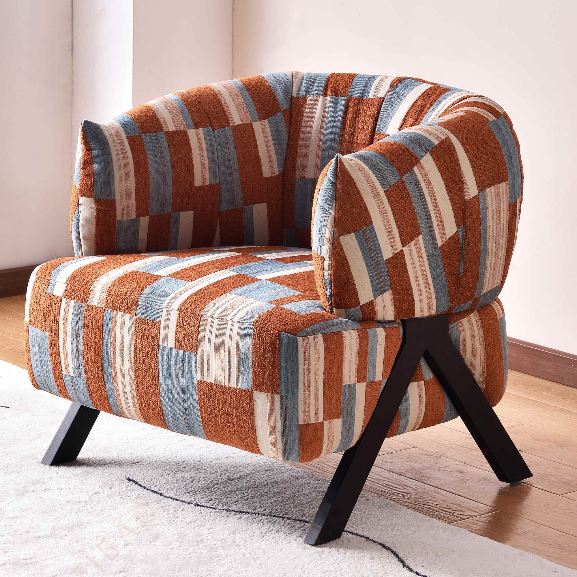 Contemporary Boho Ergonomic Leisure Chair - Comfortable 1-Seater Chenille Cotton-Linen Fabric Accent Chair For Living Room Lumendat
