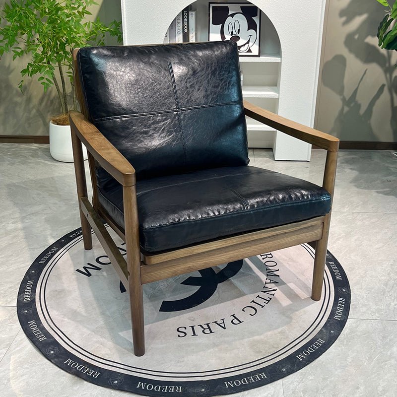 Traditional Chinese Accent Chair - Solid Rubberwood Frame With Oil-Wax Leather Seat Leisure Chair For Living Room & Study Lumendat