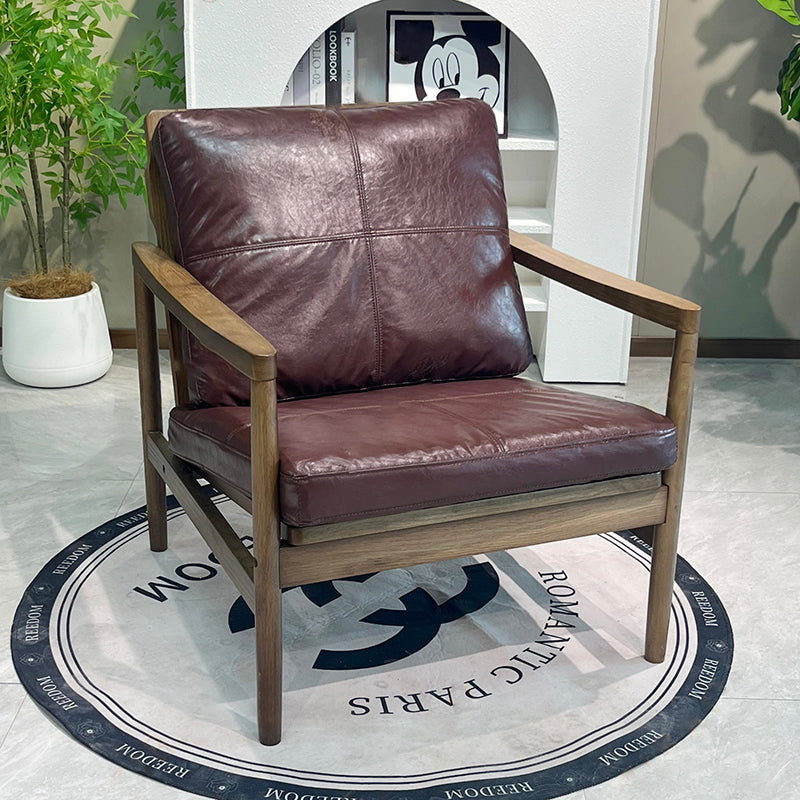 Traditional Chinese Accent Chair - Solid Rubberwood Frame With Oil-Wax Leather Seat Leisure Chair For Living Room & Study Lumendat
