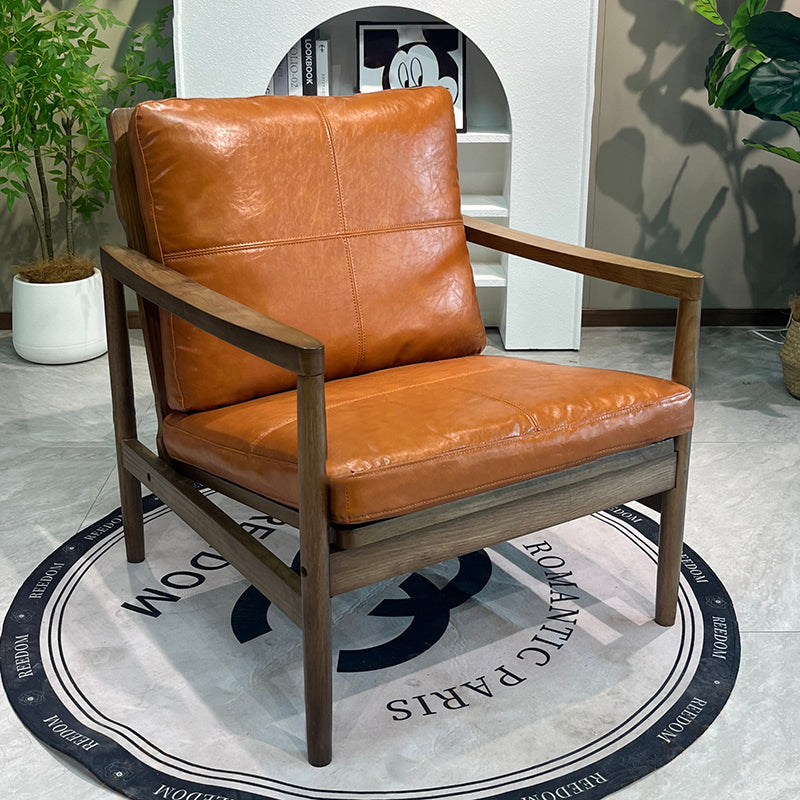 Traditional Chinese Accent Chair - Solid Rubberwood Frame With Oil-Wax Leather Seat Leisure Chair For Living Room & Study Lumendat
