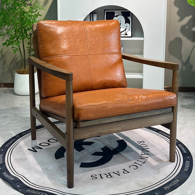 Traditional Chinese Accent Chair - Solid Rubberwood Frame With Oil-Wax Leather Seat Leisure Chair For Living Room & Study Lumendat