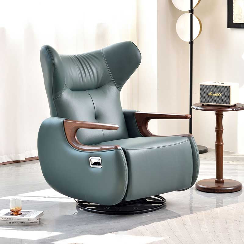 Contemporary Multi-Functional Swivel Recliner Chair - Eco Leather With Oak Armrests For Living Room Lumendat