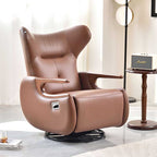 Contemporary Multi-Functional Swivel Recliner Chair - Eco Leather With Oak Armrests For Living Room Lumendat