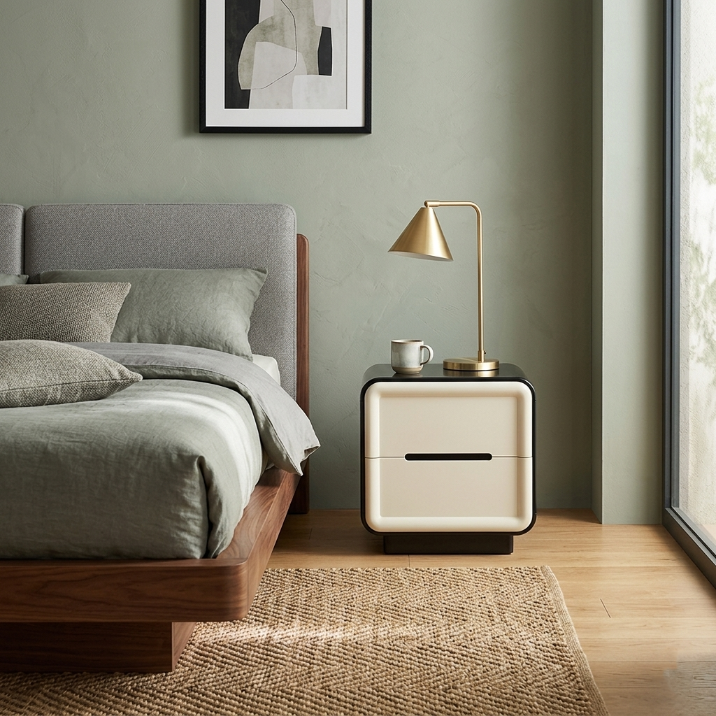 Contemporary Nordic Cream Nightstand - Rounded Corner 2-Drawer High Gloss Bedside Table For Bedroom Lumendat