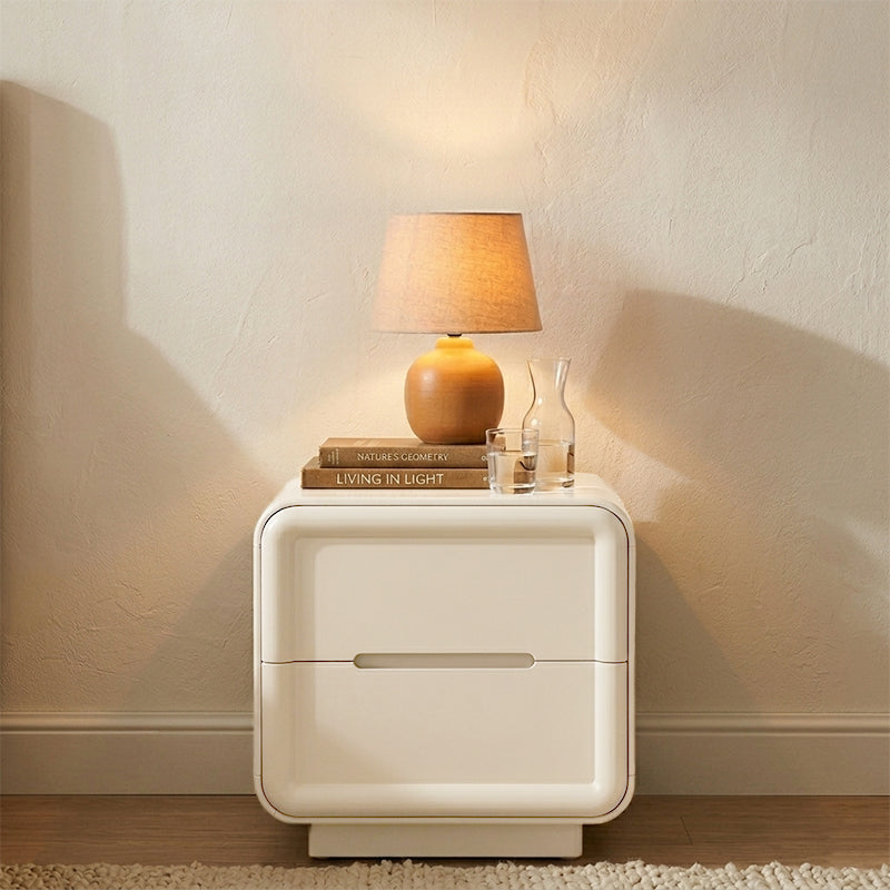 Contemporary Nordic Cream Nightstand - Rounded Corner 2-Drawer High Gloss Bedside Table For Bedroom Lumendat