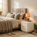 Contemporary Nordic Cream Nightstand - Rounded Corner 2-Drawer High Gloss Bedside Table For Bedroom Lumendat