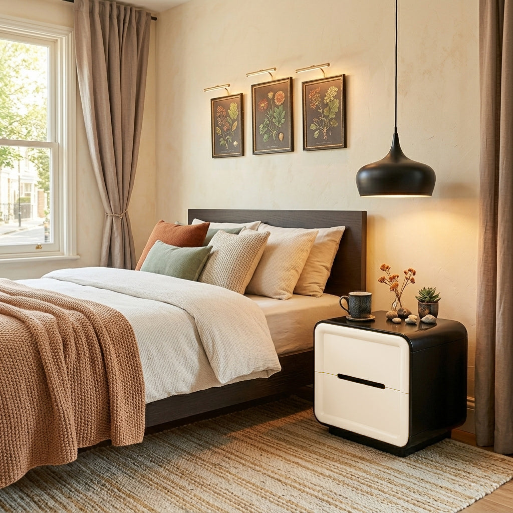 Contemporary Nordic Cream Nightstand - Rounded Corner 2-Drawer High Gloss Bedside Table For Bedroom Lumendat