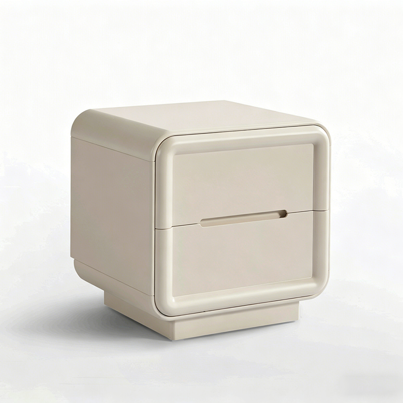 Contemporary Nordic Cream Nightstand - Rounded Corner 2-Drawer High Gloss Bedside Table For Bedroom Lumendat