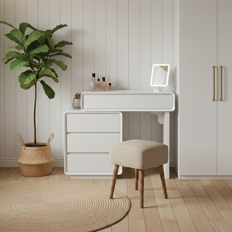 Traditional French Extendable Makeup Vanity - High-Density MDF Particle Board Dressing Table 4-Drawer For Bedroom Lumendat