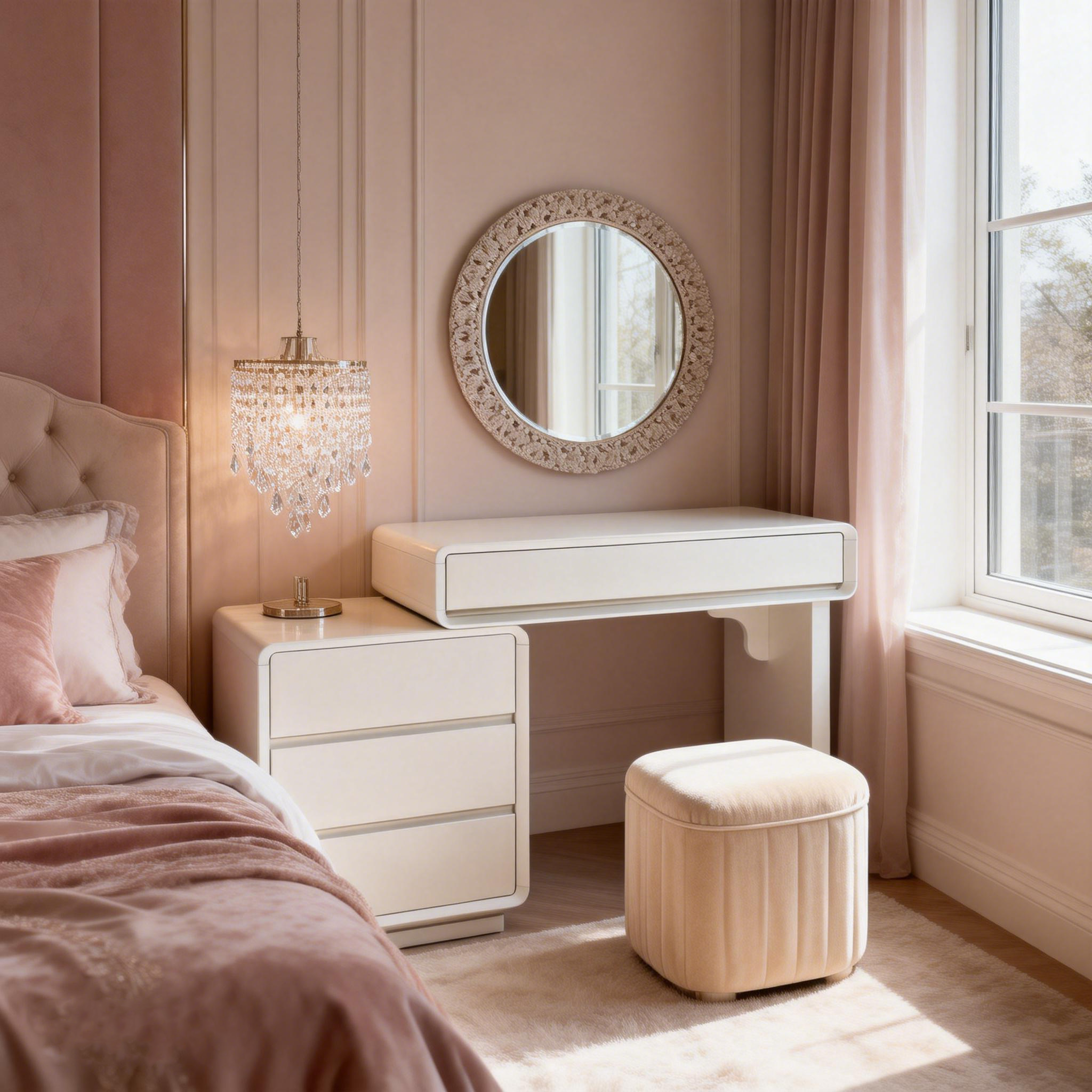 Traditional French Extendable Makeup Vanity - High-Density MDF Particle Board Dressing Table 4-Drawer For Bedroom Lumendat