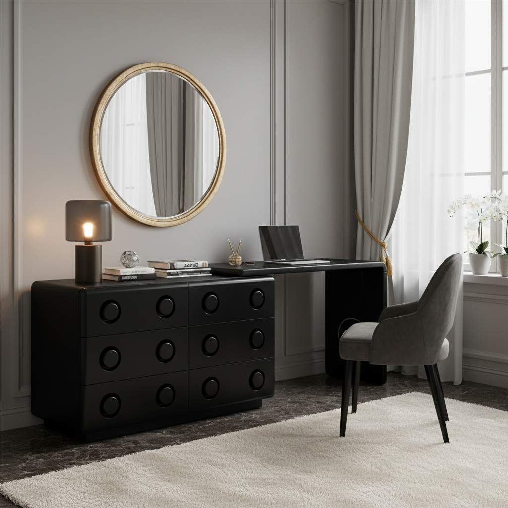 Multi-Functional Extendable Makeup Vanity - Retro MDF Particle Board Dressing Table 6-Drawer For Bedroom Lumendat