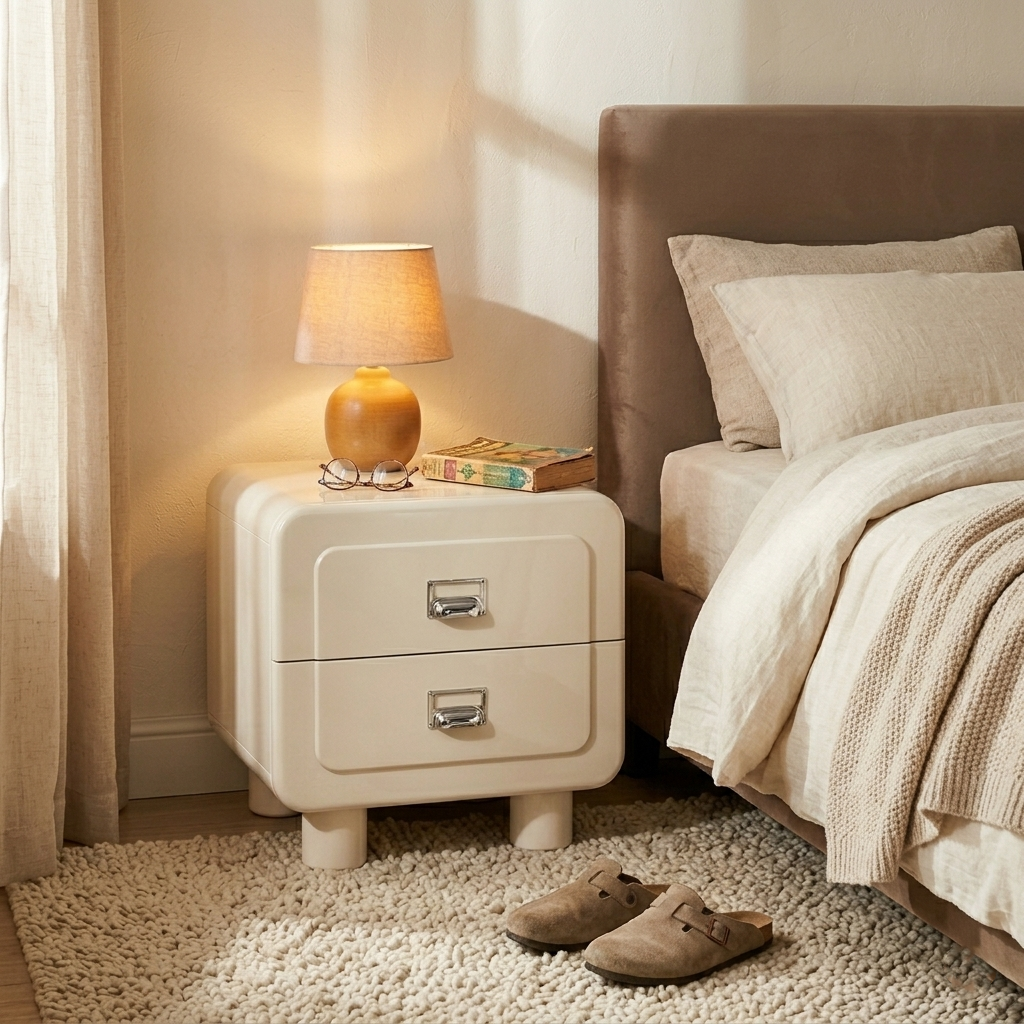 French Round Leg Nightstand - High-Gloss E0 Grade MDF Frame 2-Drawer Bedside Table For Bedroom Lumendat