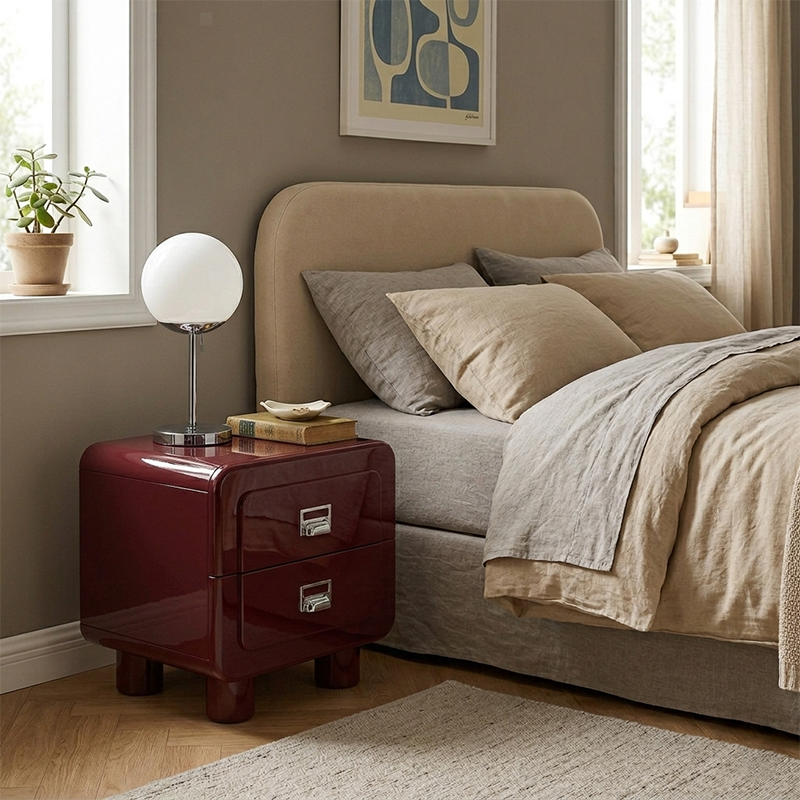 French Round Leg Nightstand - High-Gloss E0 Grade MDF Frame 2-Drawer Bedside Table For Bedroom Lumendat