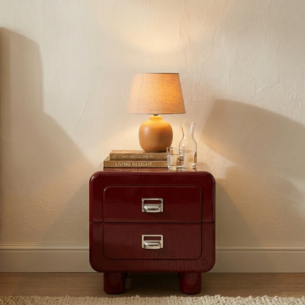 French Round Leg Nightstand - High-Gloss E0 Grade MDF Frame 2-Drawer Bedside Table For Bedroom Lumendat