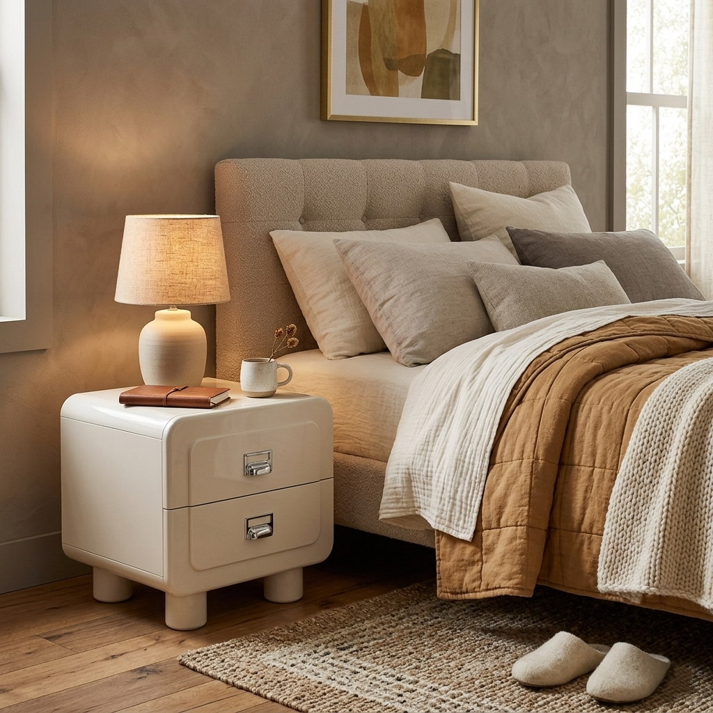 French Round Leg Nightstand - High-Gloss E0 Grade MDF Frame 2-Drawer Bedside Table For Bedroom Lumendat