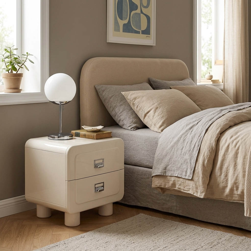 French Round Leg Nightstand - High-Gloss E0 Grade MDF Frame 2-Drawer Bedside Table For Bedroom Lumendat