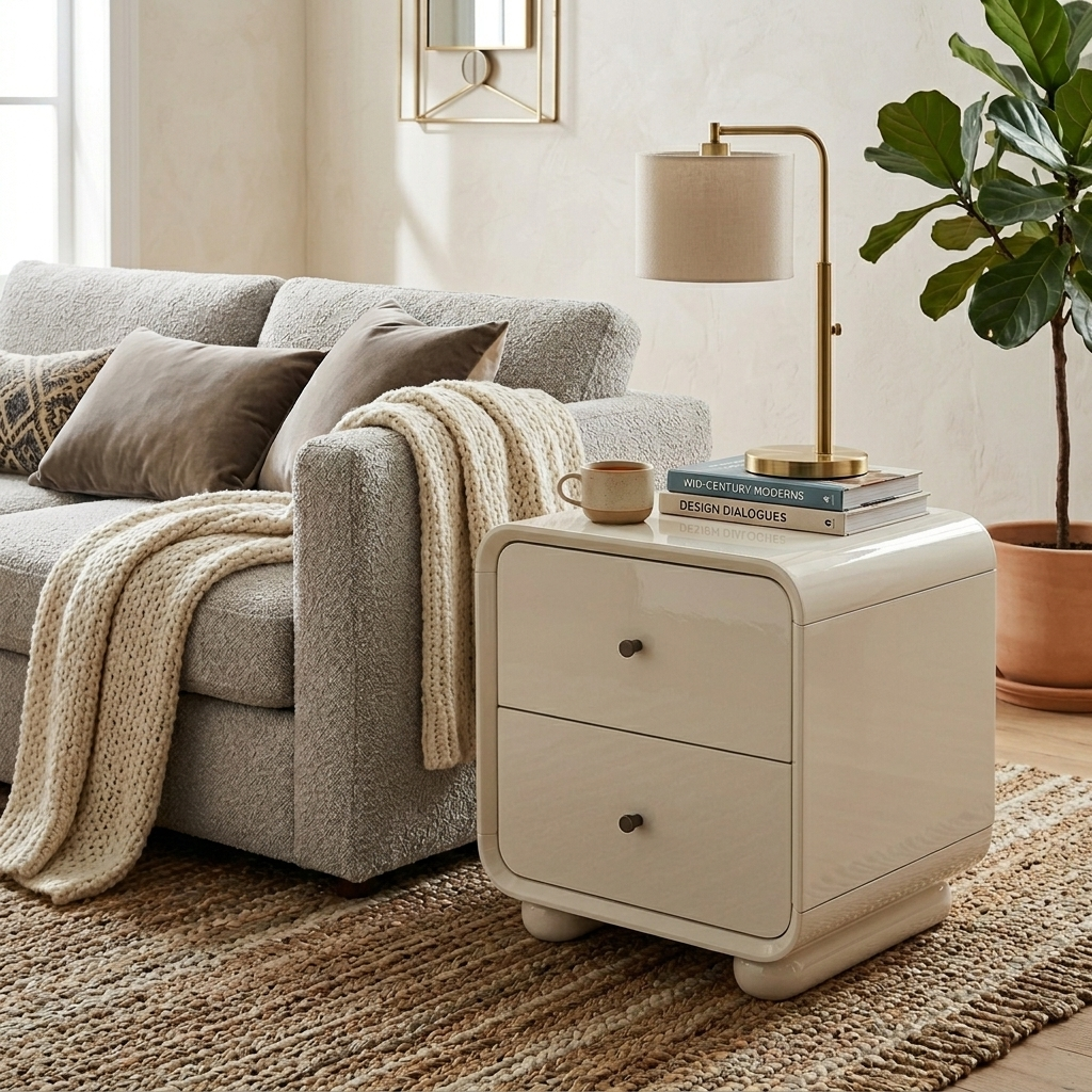Contemporary Scandinavian Arc Edge Square Nightstand - High-Quality E0 Grade MDF 2-Drawer Bedside Table For Bedroom Lumendat
