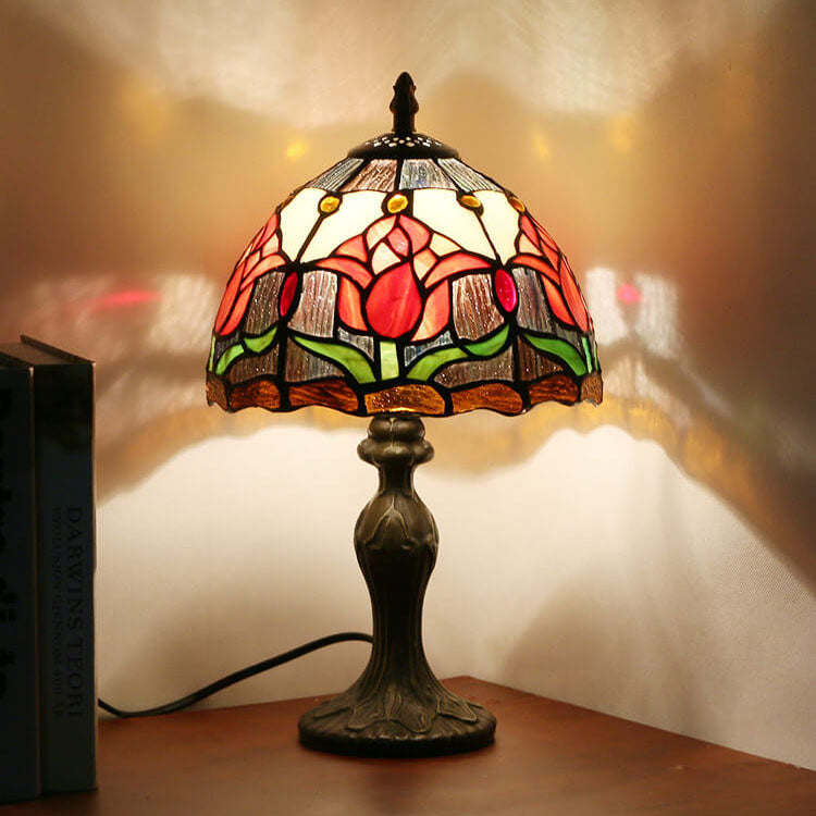Tiffany Rustic Tulip Stained Glass Round 1-Light Table Lamp Lumendat