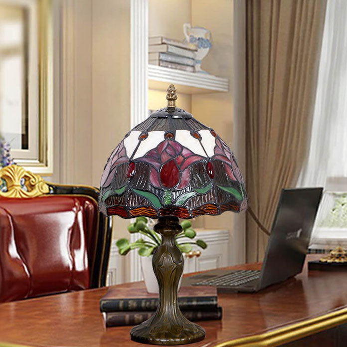 Tiffany Rustic Tulip Stained Glass Round 1-Light Table Lamp Lumendat