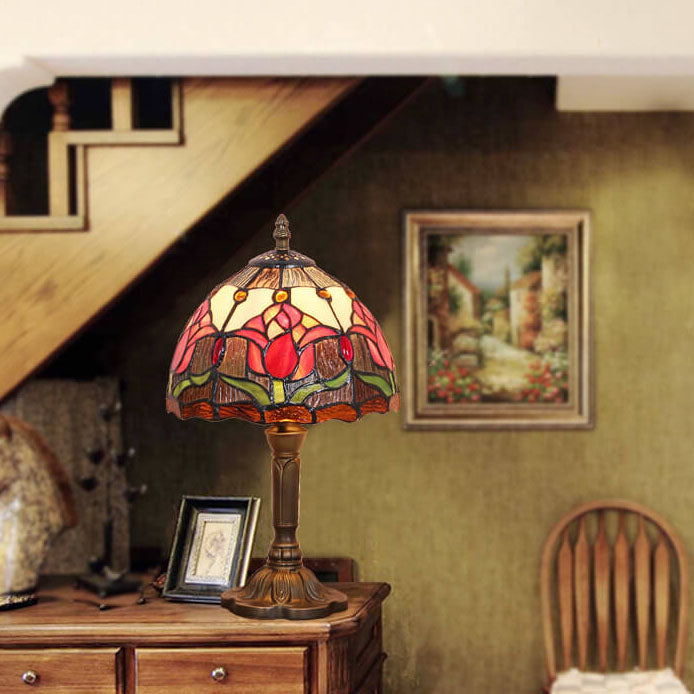 Tiffany Rustic Tulip Stained Glass Round 1-Light Table Lamp Lumendat