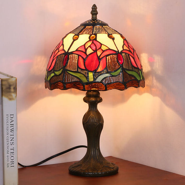 Tiffany Rustic Tulip Stained Glass Round 1-Light Table Lamp Lumendat