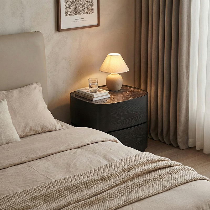 Modern Luxury Oval Stone Slab Plywood Nightstand With Dual Drawers For Bedroom Lumendat