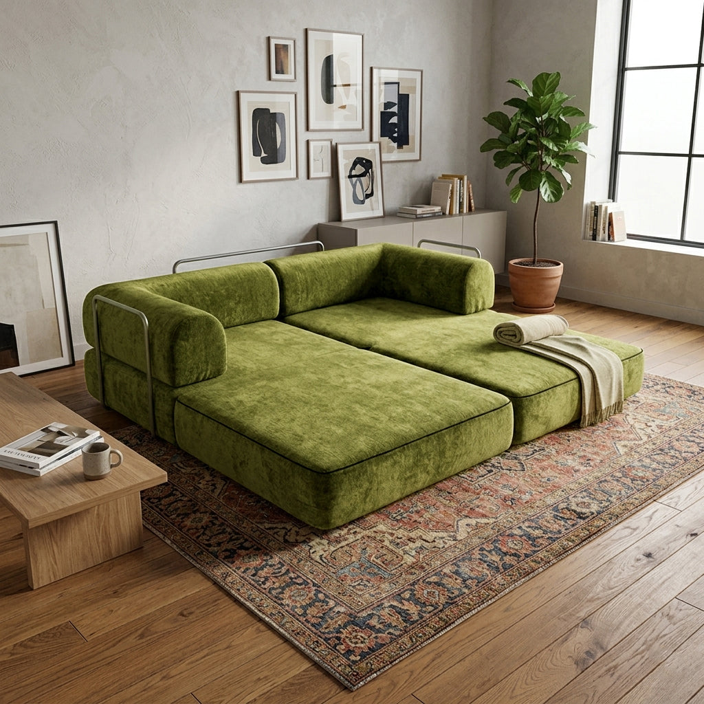 Modern Chenille Convertible Sofa Bed - Compression Foldable Couch With High Resilience Foam And Metal Frame For Living Room & Bedroom Lumendat
