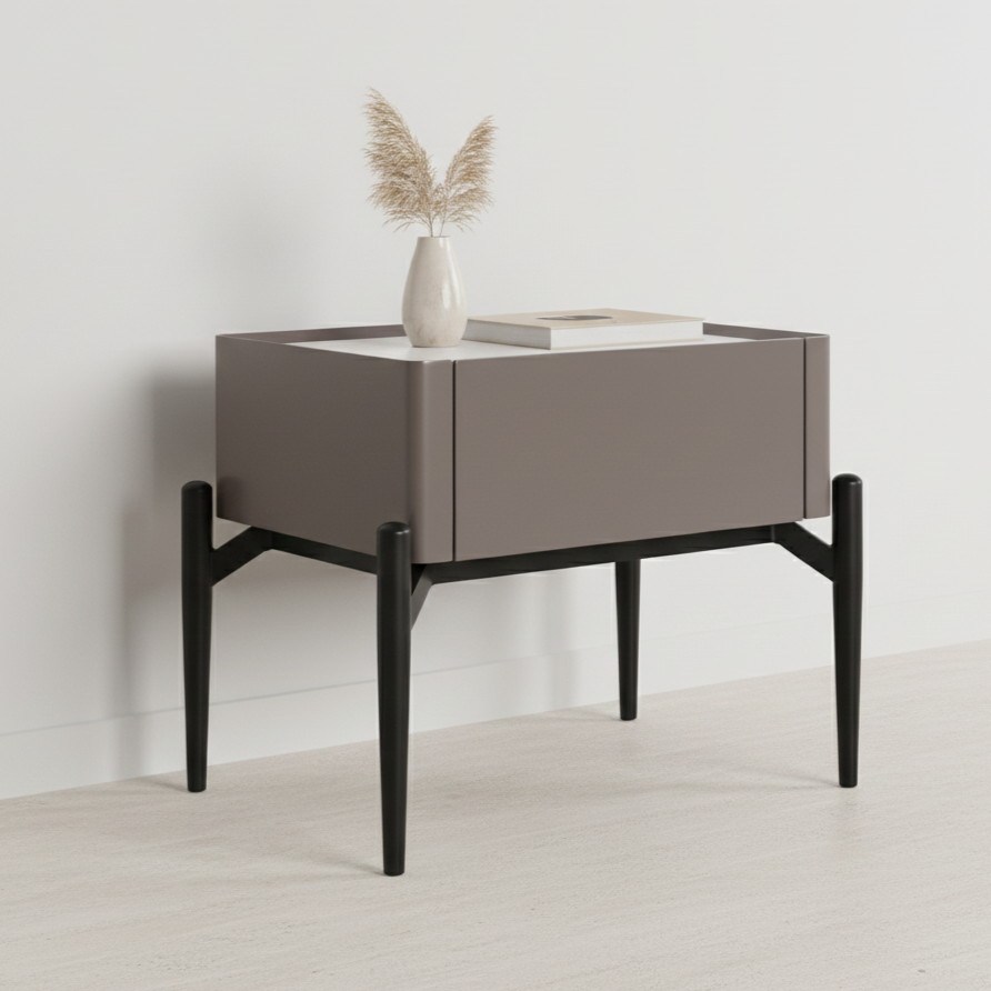 Modern Luxury Grayish Brown 1-Drawer Nightstand: Stiletto Legs High-End Accent Bedside Table For Bedroom Lumendat
